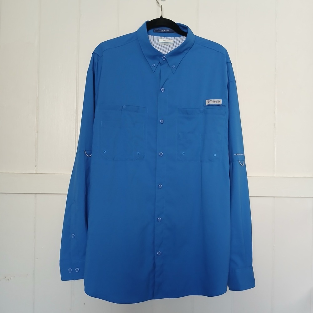 Columbia PFG Shirt TAMIAMI Vented Fishing Men's XXL Blue Button Down Long Sleeve